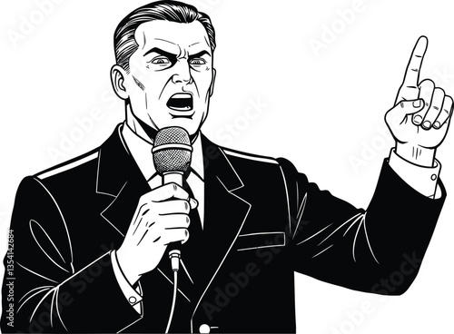 Black and white illustration of a fascist dictator giving speech, isolated on white background