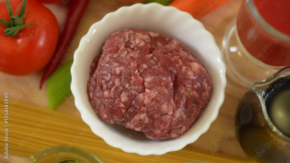Raw ingredients for pasta bolognese: beef and pork minced meat on the wooden board among fresh vegetables and other ingredients Raw ingredients for pasta bolognese: beef and pork minced meat on the wooden board among fresh vegetables and other ingredients