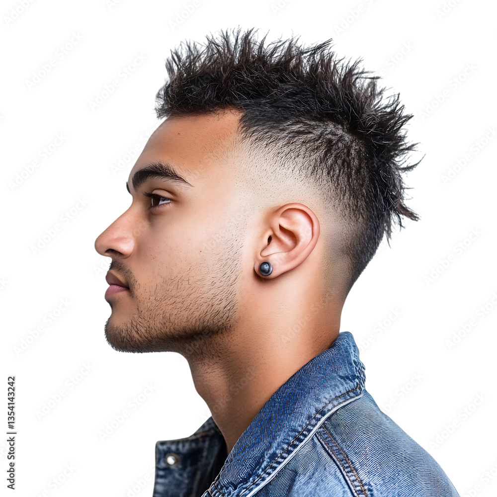 Man with Textured Mohawk and Denim Jacket Isolated on Transparent Background Man with Textured Mohawk and Denim Jacket Isolated on Transparent Background