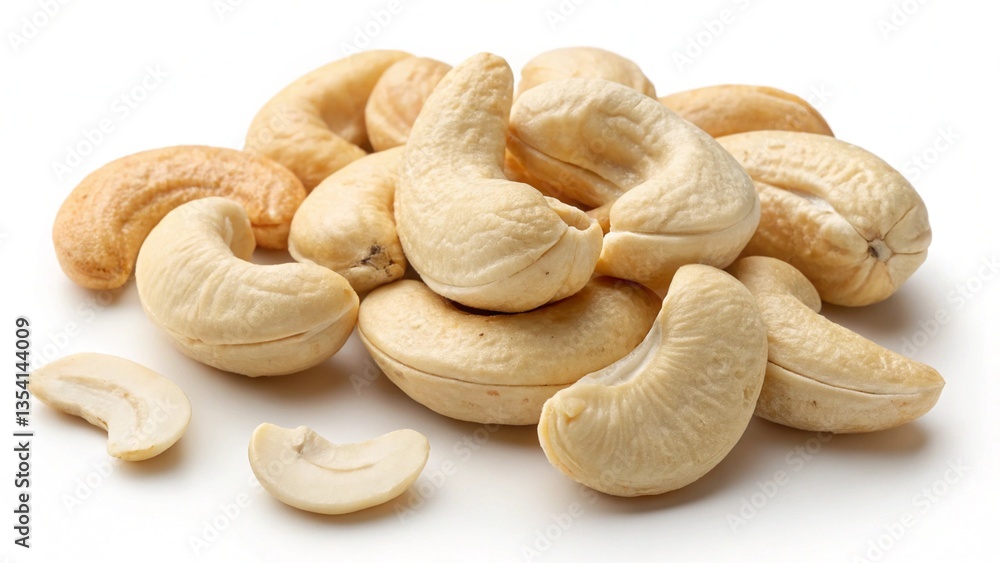 A pile of cashew nuts on a white background, showcasing healthy snack.
A pile of cashew nuts on a white background, showcasing healthy snack.