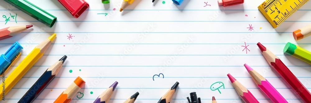 Hand-drawn school supplies doodles on notebook paper background, calculator, notebook Hand-drawn school supplies doodles on notebook paper background, calculator, notebook