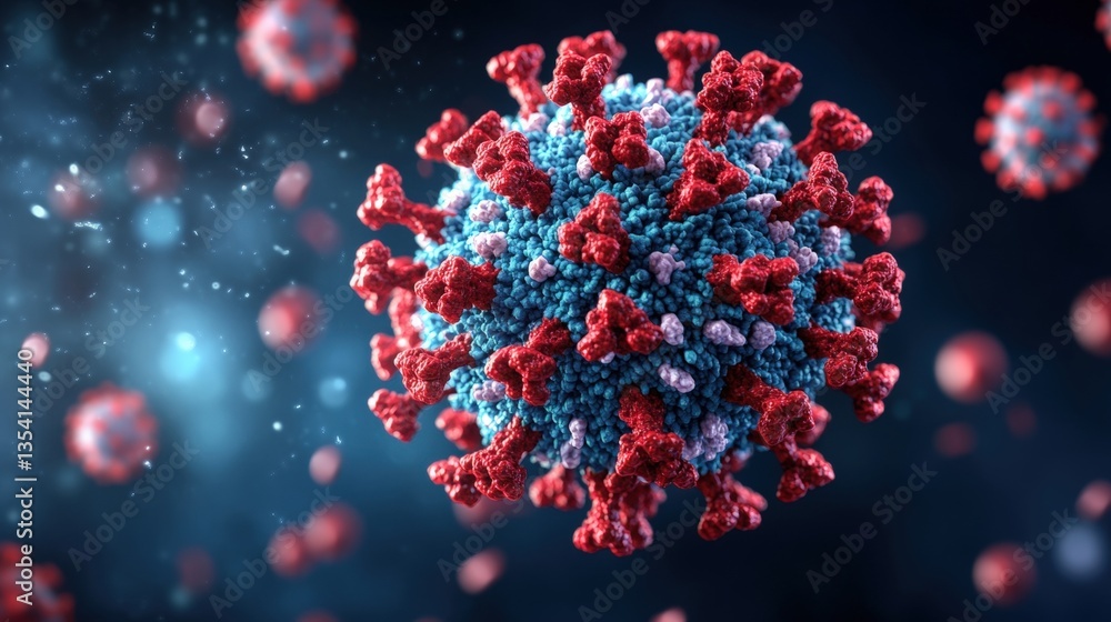 Highly detailed microscopic rende of a coronavirus particle in vivid red and blue against a dark blue background with smaller virus particles surrounding it Highly detailed microscopic rende of a coronavirus particle in vivid red and blue against a dark blue background with smaller virus particles surrounding it