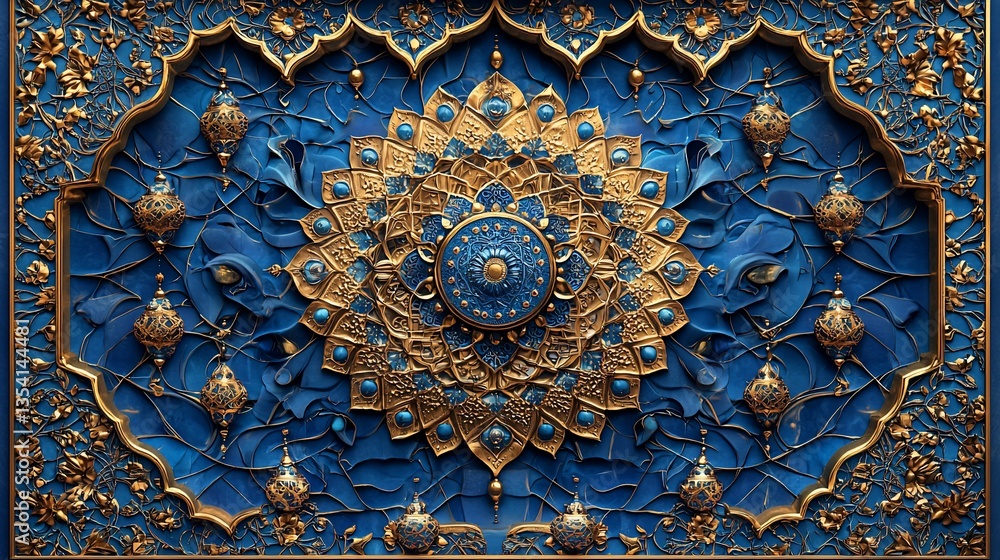 Intricate gold and blue arabesque pattern. Intricate gold and blue arabesque pattern.