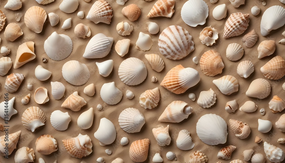 A high-angle, full shot captures a collection of seashells scattered across a sandy surface, bathed in warm, directional lighting A high-angle, full shot captures a collection of seashells scattered across a sandy surface, bathed in warm, directional lighting