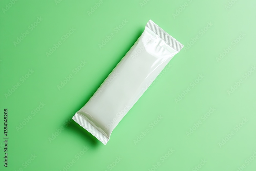 Blank white food bar wrapper on a vibrant green background. A simple, clean design for a ready-to-eat snack or dessert Blank white food bar wrapper on a vibrant green background. A simple, clean design for a ready-to-eat snack or dessert