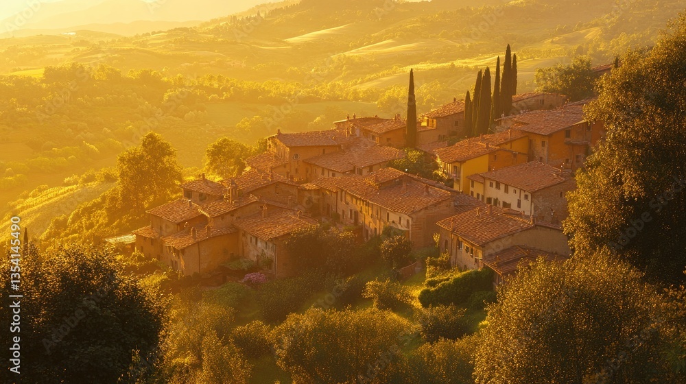 Naklejka premium A small Italian hilltop village with terracotta roofs and cypress trees surrounded by rolling hills at sunset. The picturesque scene captures beauty and charm of rural Italian region. Generative AI