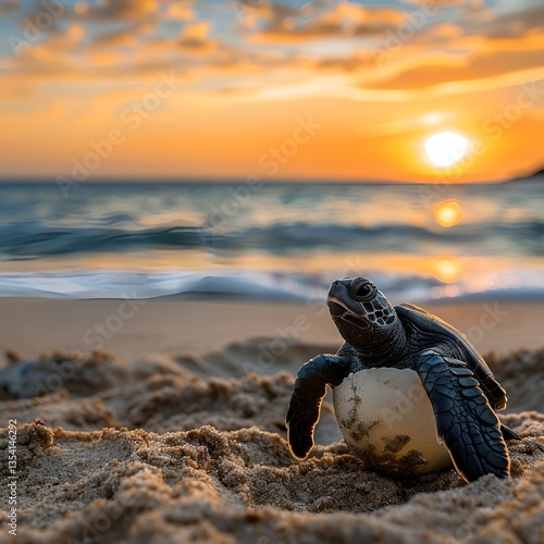 Birth of a small turtle from an egg on a sandy ocean shore