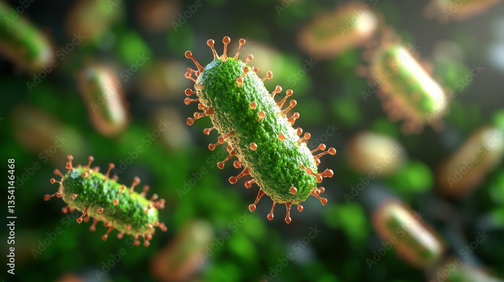 Naklejka premium Microscopic Close-up of Green Rod-Shaped Viruses with Orange Spike Proteins Against a Soft Blurred Green Background for Scientific Visualization Purposes