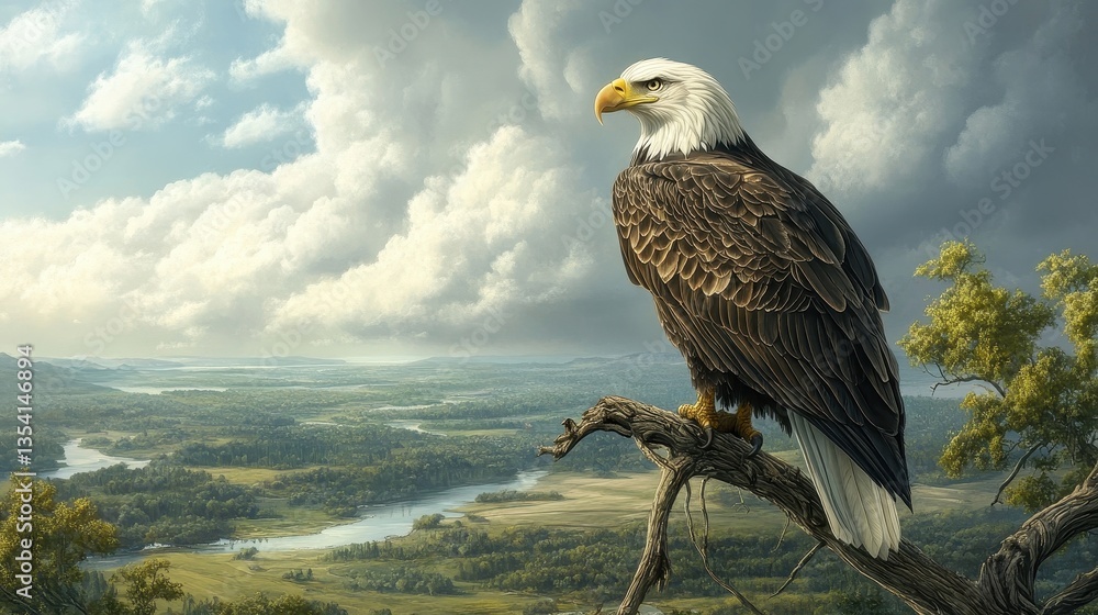 Fototapeta premium majestic bald eagle perched on branch overlooking scenic river v