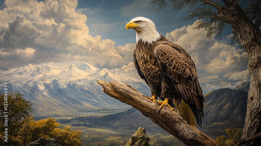 Fototapeta premium majestic bald eagle perched on branch overlooking mountain valle