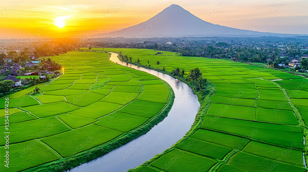 Naklejka premium Sunrise Over Rice Paddy Fields and River Valley