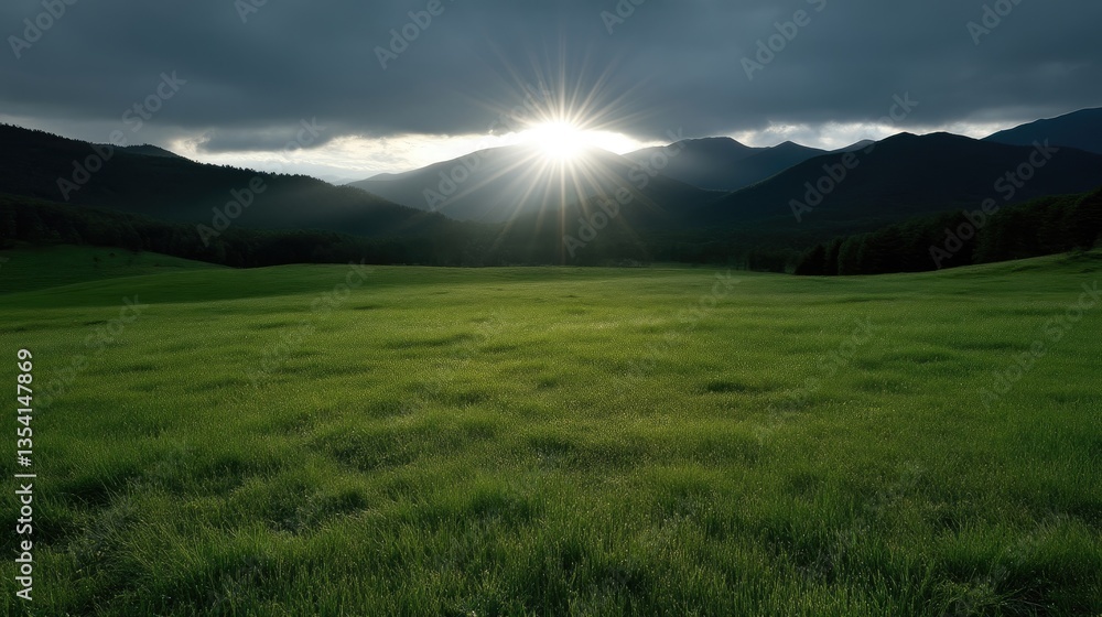 Fototapeta premium Lush green meadow, sun setting over mountains