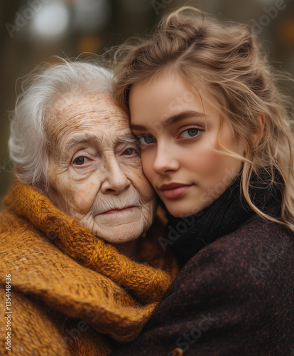 Emotional portrait of an elderly woman being embraced by a young woman. Love, warmth and family connection. Grandmother and granddaughter. Affection, nostalgia and gratitude.