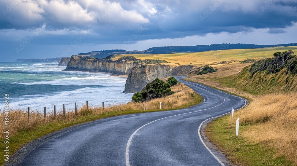 Coastal highway winding along cliffs by the ocean with dramatic waves. Scenic view of a sunny coastline under a partly cloudy sky, perfect for road trips and exploration. Generative AI Coastal highway winding along cliffs by the ocean with dramatic waves. Scenic view of a sunny coastline under a partly cloudy sky, perfect for road trips and exploration. Generative AI