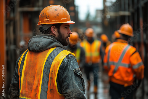 Construction worker in safety gear standing in a busy worksite on a rainy day. Hard hat and reflective vest highlight safety and resilience in challenging weather conditions