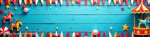 Cheerful circus-themed border with stripes, stars, and carousel icons on blue wood, wood, carousel, circus