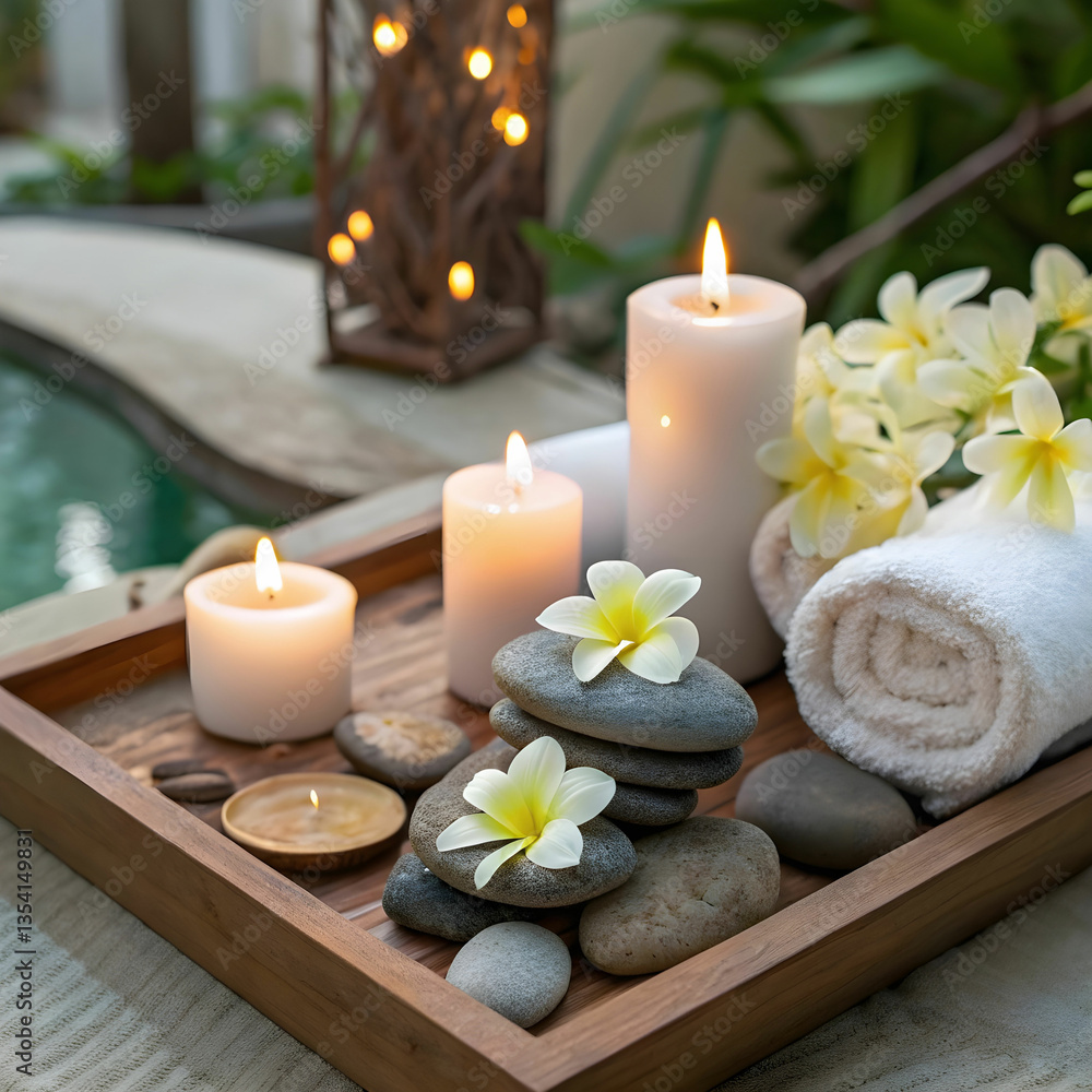 A serene spa setup with natural elements, including candles, stones, and essential oils, creating a relaxing and soothing ambiance. A serene spa setup with natural elements, including candles, stones, and essential oils, creating a relaxing and soothing ambiance.