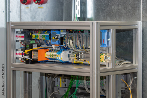 Modern industrial control cabinet with electrical wiring, PLC modules, and terminal blocks for automation in a factory environment