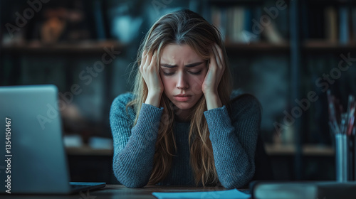 Unhappy young woman sitting in front of a desk at the office, sick and stress headache feeling depressed suffering trauma from problem trouble tension, tired difficulty mental health, exhausted pain