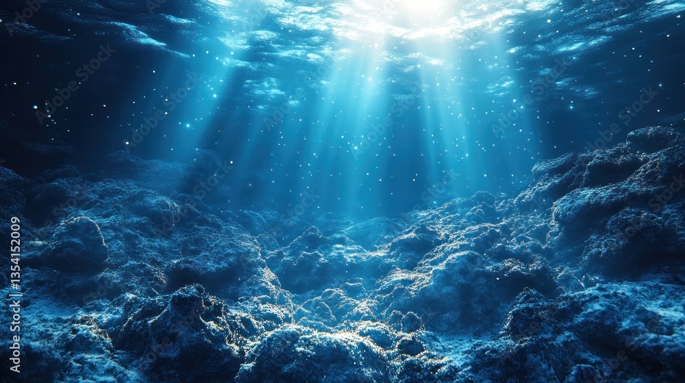 Obraz premium Underwater scene, sunlight beams through water, rocky seabed, calm ocean depths