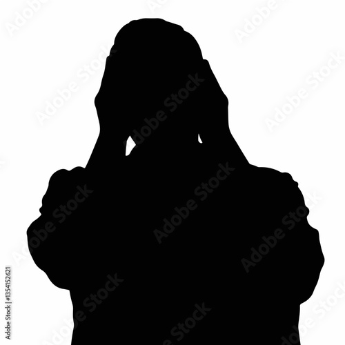 Silhouette of middle-aged Hispanic man facepalming on white background, human emotions