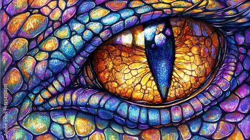 Close-up of a vibrant, iridescent dragon eye and scales.
