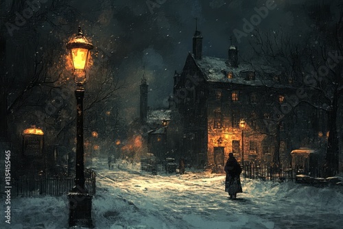 Snowy victorian street scene illuminated by gas lamps at night
