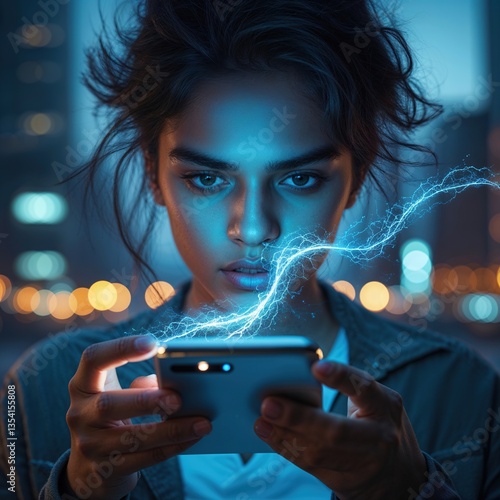 In a bustling urban environment at night, an individual intently focuses on their smartphone as an electric blue energy effect illustrates the rush of dopamine