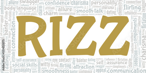 Rizz - Charm, Charisma word cloud conceptual design isolated on white background.