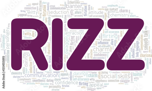 Rizz - Charm, Charisma word cloud conceptual design isolated on white background.
