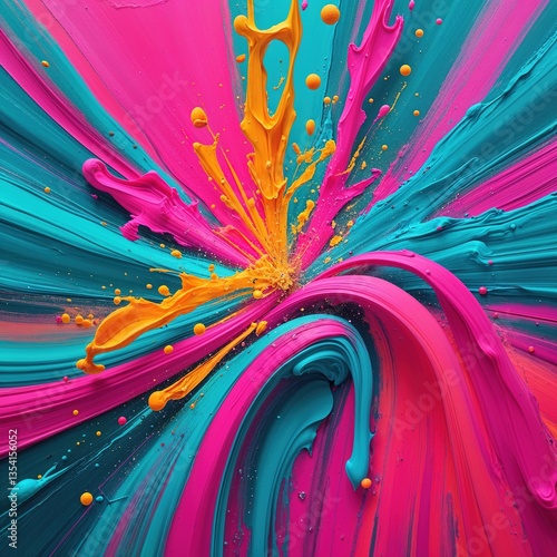 This colorful display captures an energetic explosion of paint in shades of pink, blue, and yellow, symbolizing the stimulating effects of dopamine, evoking feelings of joy and excitement