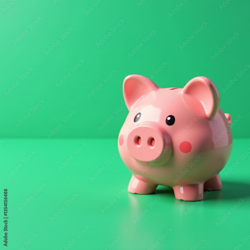 Close-up of a cute piggy bank on a green wooden table, finance, close-up Close-up of a cute piggy bank on a green wooden table, finance, close-up