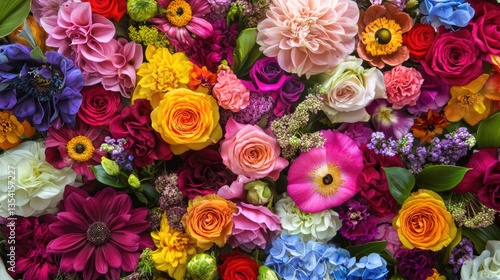 Wallpaper Mural A vibrant floral bouquet featuring a variety of flowers such as roses lilies and dahlias, arranged in a decorative centerpiece. Bright colors lush greenery festive or romantic occasions. Generative AI Torontodigital.ca