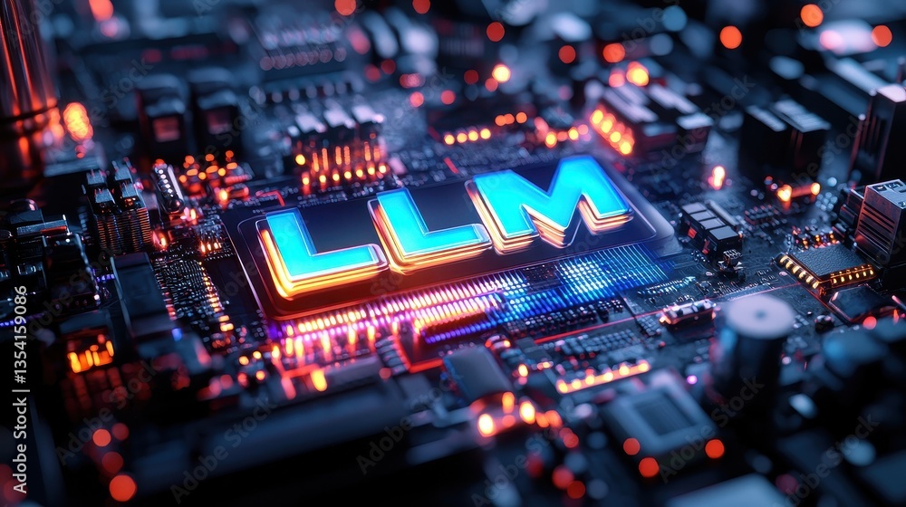 Fototapeta premium Futuristic Metallic Design Featuring LLM Text on Circuit Board