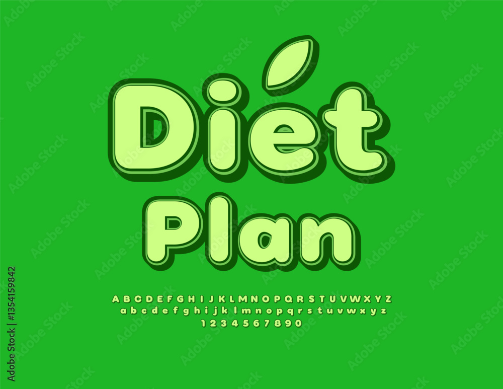 Fototapeta premium Vector Green template Diet Plan. Bright Green Font. Cute Decorative Alphabet Letters and Numbers set.