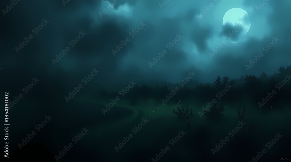 Moonlit Mystery: A hauntingly beautiful landscape, shrouded in the ethereal glow of the full moon and soft mist. The silhouetted trees adds a sense of mystery.