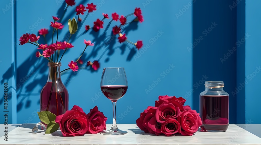 A Romantic Still Life: A striking composition of crimson roses, a glass of rich red wine, and elegant glass bottle, set against a backdrop, evoking feelings of romance and celebration.