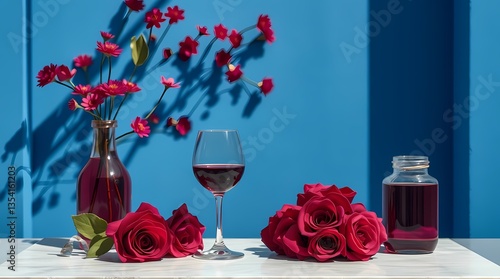 Obraz na płótnie A Romantic Still Life: A striking composition of crimson roses, a glass of rich red wine, and elegant glass bottle, set against a backdrop, evoking feelings of romance and celebration. w salonie