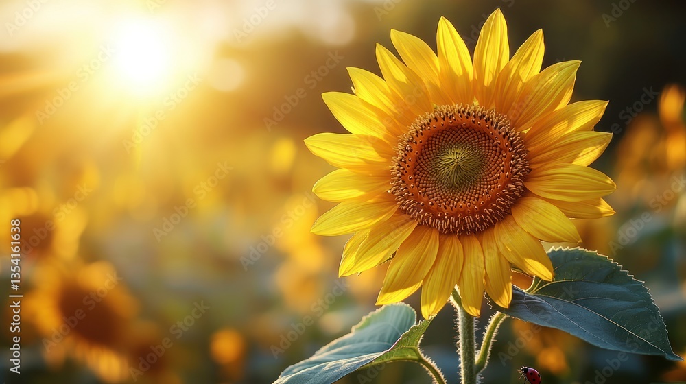 Fototapeta premium Sunlit Sunflower in Golden Field at Sunset