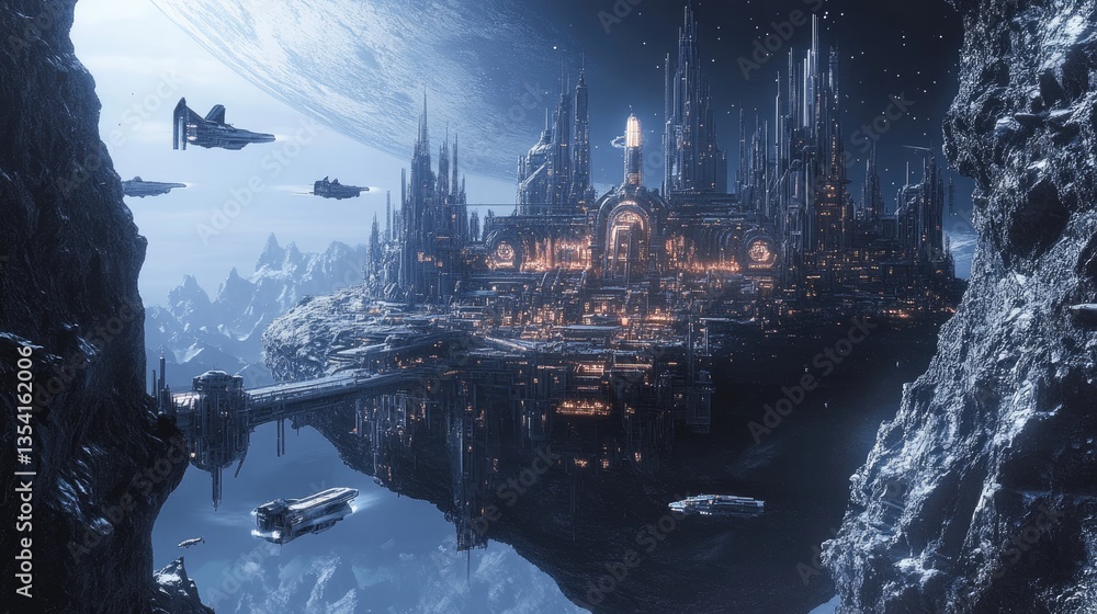 Futuristic space cityscape with massive structures extending from planet. Illuminated buildings and flying spacecraft surround orbital city. Stars and distant celestial objects visible. Generative AI Futuristic space cityscape with massive structures extending from planet. Illuminated buildings and flying spacecraft surround orbital city. Stars and distant celestial objects visible. Generative AI