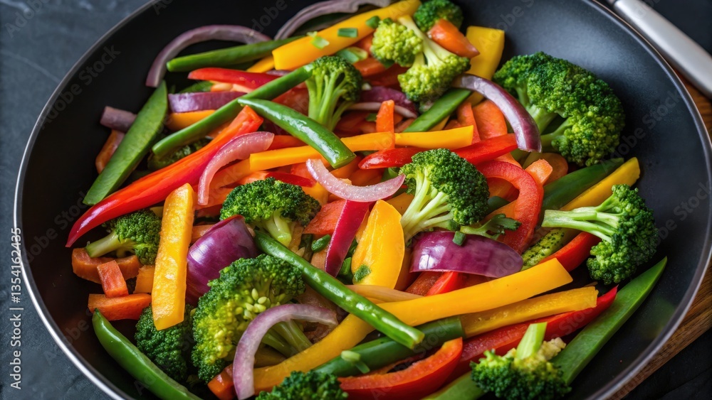 Weight management concept. Colorful stir-fried vegetables in a skillet, showcasing a vibrant mix of broccoli, bell peppers, and green beans. Weight management concept. Colorful stir-fried vegetables in a skillet, showcasing a vibrant mix of broccoli, bell peppers, and green beans.