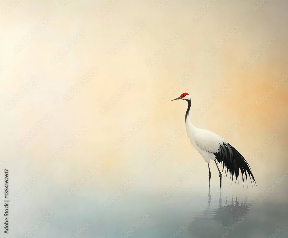 Fototapeta premium Elegant Crane Standing Peacefully in Misty Wetlands Nature Photography Tranquil Environment Serene View