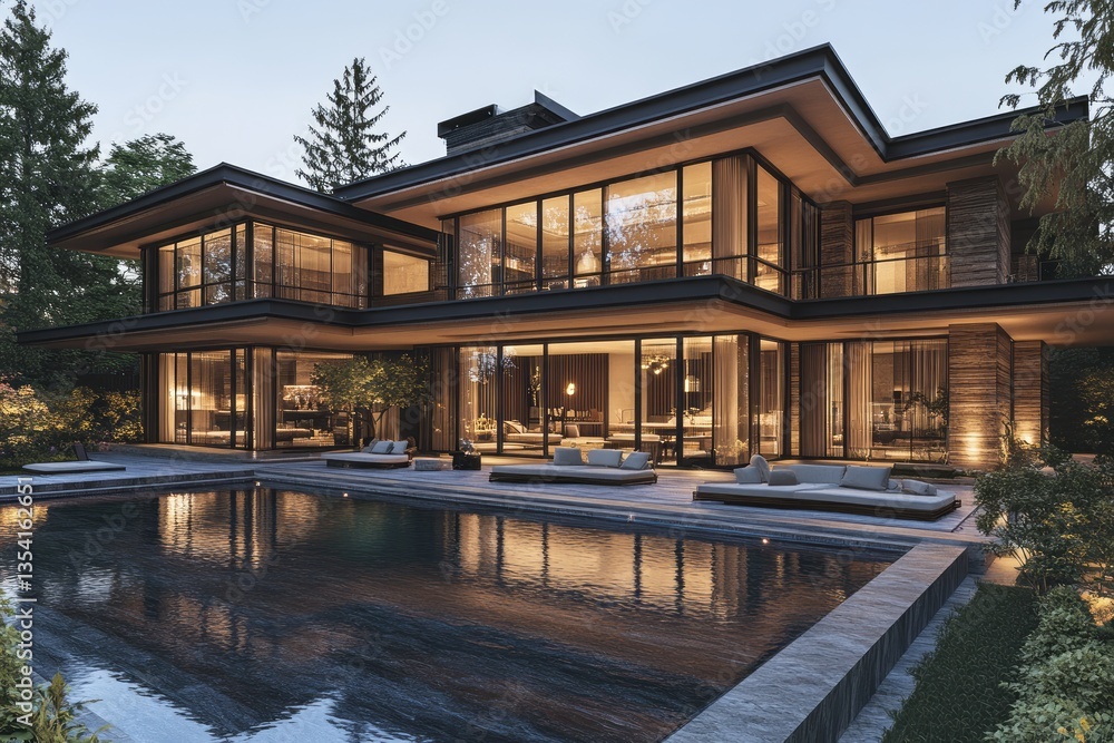 Luxurious modern residence illuminated at dusk with swimming pool Luxurious modern residence illuminated at dusk with swimming pool
