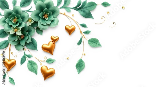 Romantic Green Floral Frame with Golden Hearts Love Wedding Valentines