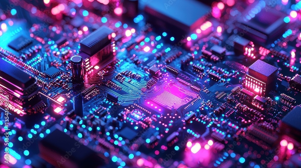 Fototapeta premium Futuristic Circuit Board with Colorful LED Lights in Close-up View