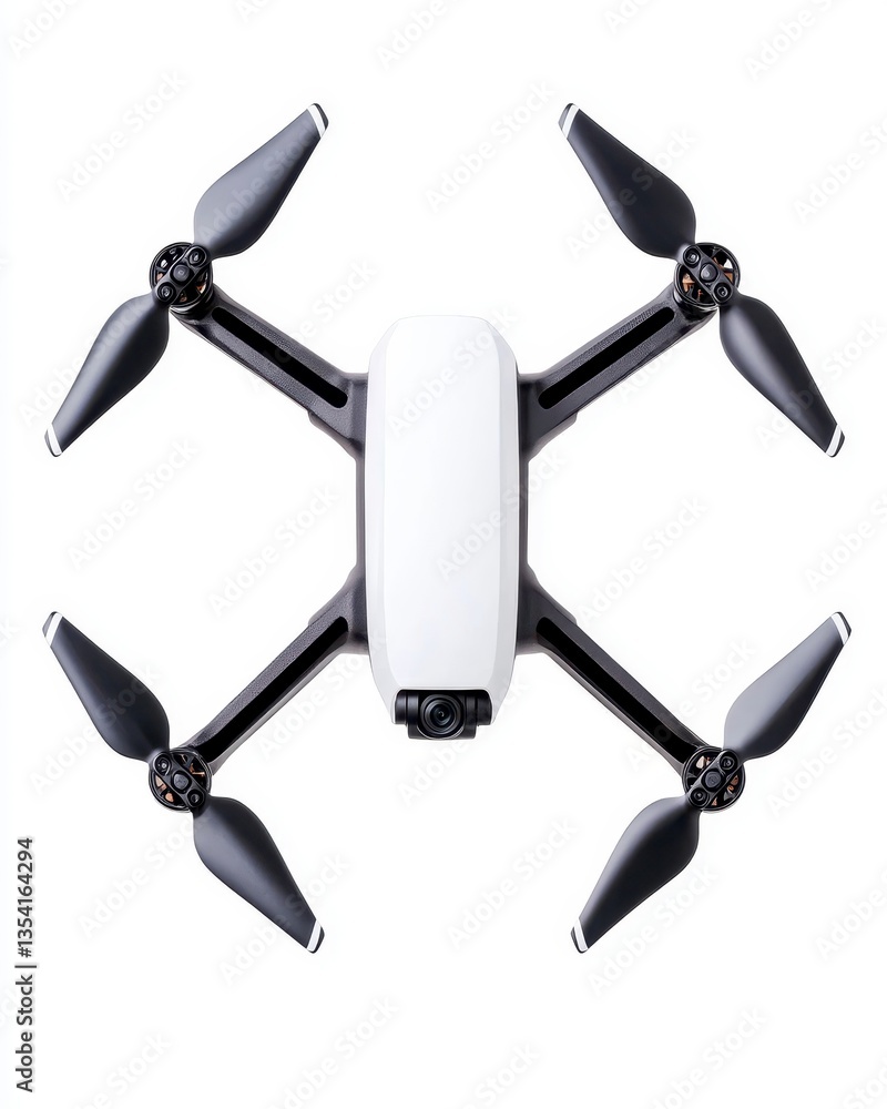 Compact White Drone with Black Propellers, Top View Compact White Drone with Black Propellers, Top View