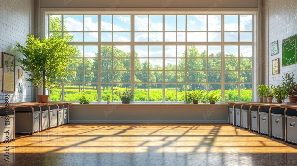Fototapeta premium Sunlit classroom with large window, plants, and storage.
