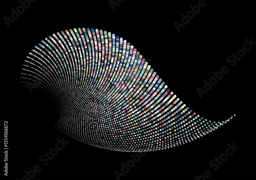 Abstract vector illustration, The colorful curved pattern emerges like a fluid wave function, Flowing dot particles wave 3D curve pattern.	