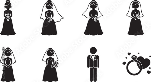 Elegant Bride Silhouette Vector Icons - Wedding Symbols, Marriage Concept, Black Vector Icons for Invitations, Decor, and Digital Projects
