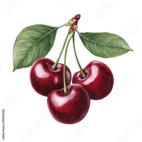 Watercolor illustration of three cherries with leaves on a transparent background. Hand drawn botanical art.